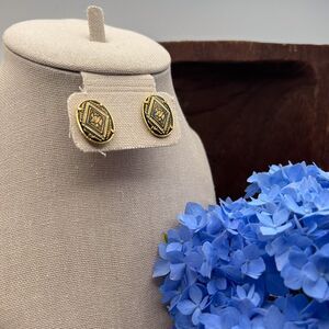 Vintage Damascene Style Gold Tone Black Enamel Oval Stud Earrings Bird Theme